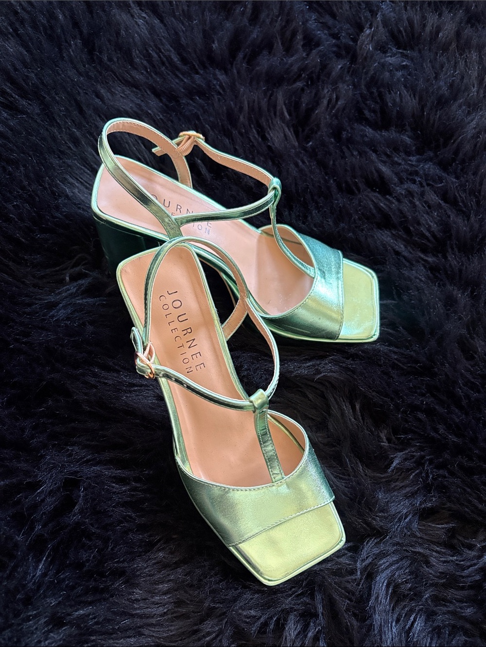 Journee Collection Metallic Teal Green T-Strap Block Heel Sandals